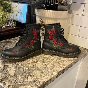 Dr. Martens Black Boots with Red Floral Embroidery